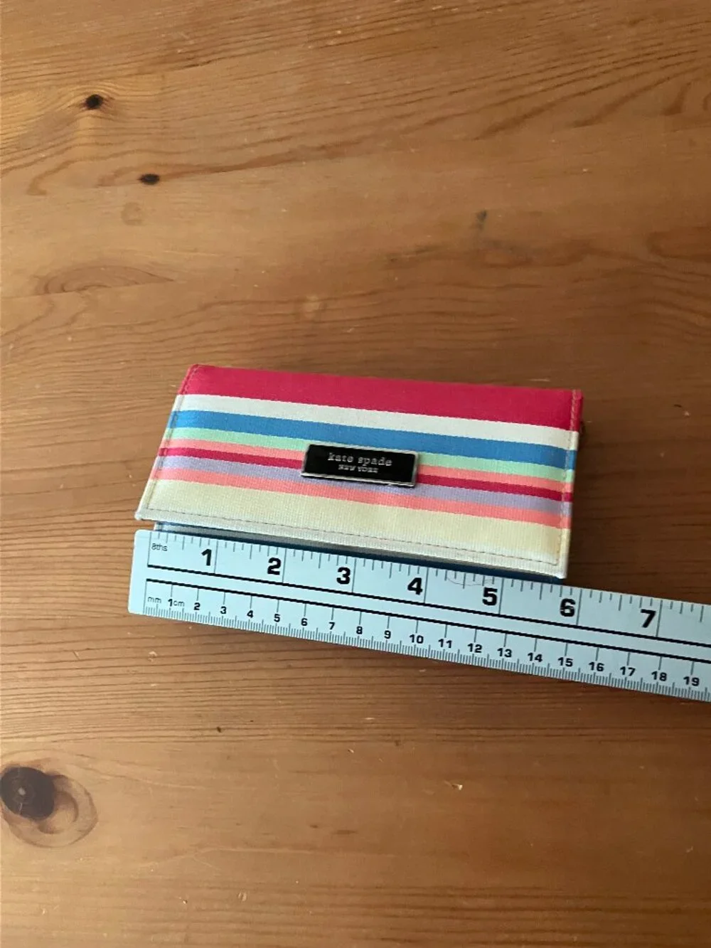 Kate Spaid New York wallet trifold canvas colorful striped metal brand logo6x4x1